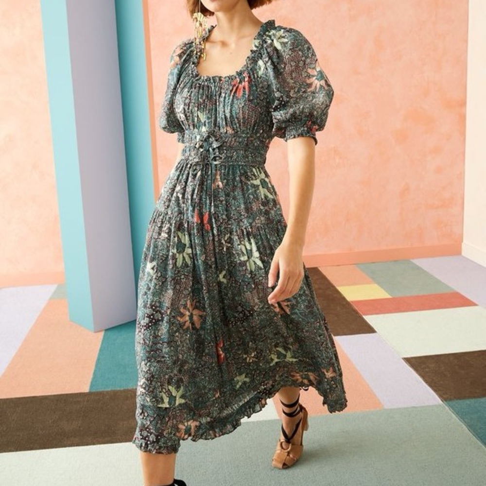 Ulla Johnson Green Floral Midi Dress